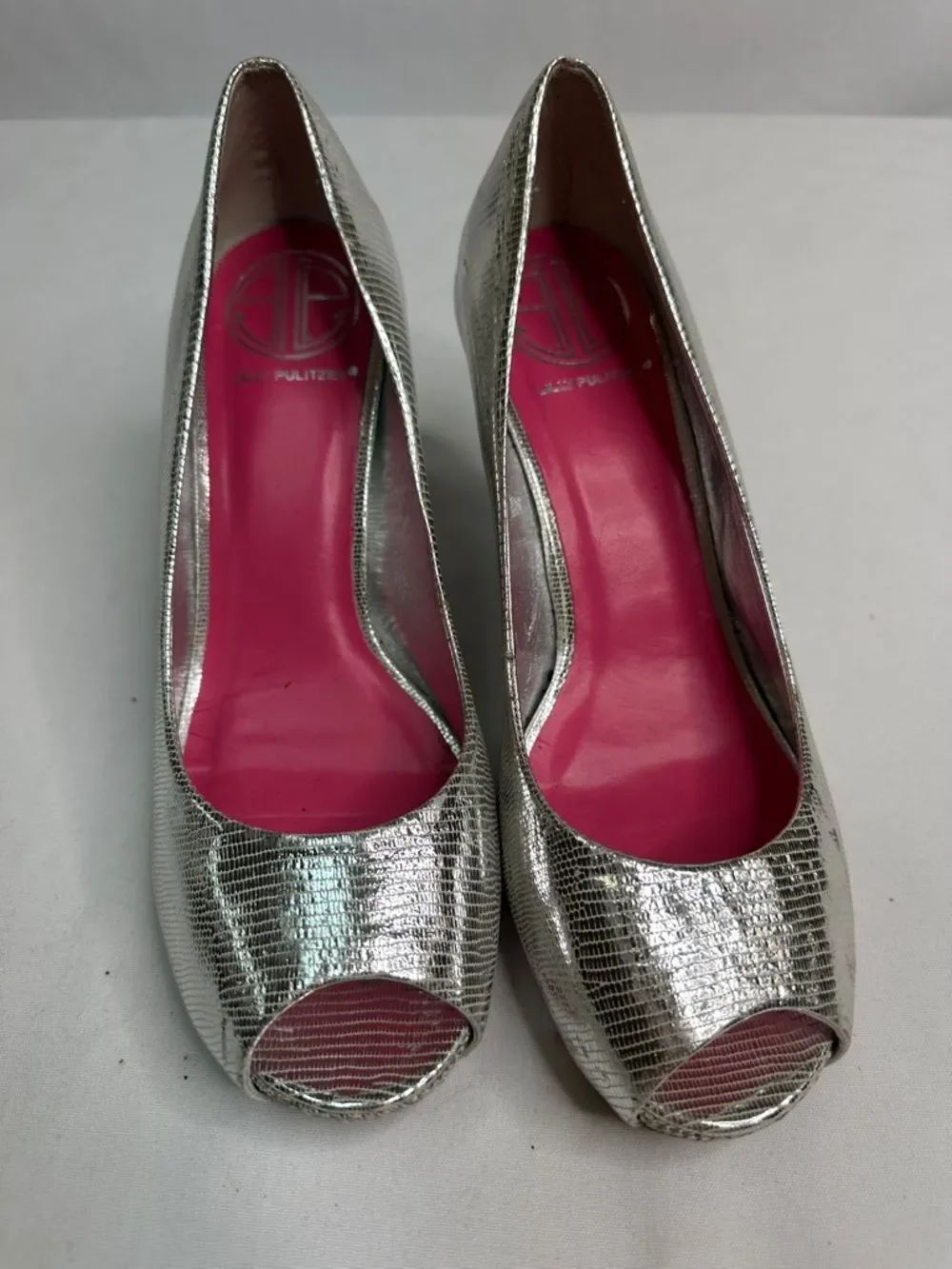 Lilly Pulitzer Silver Metallic Peep-Toe Pumps with Pink Insole